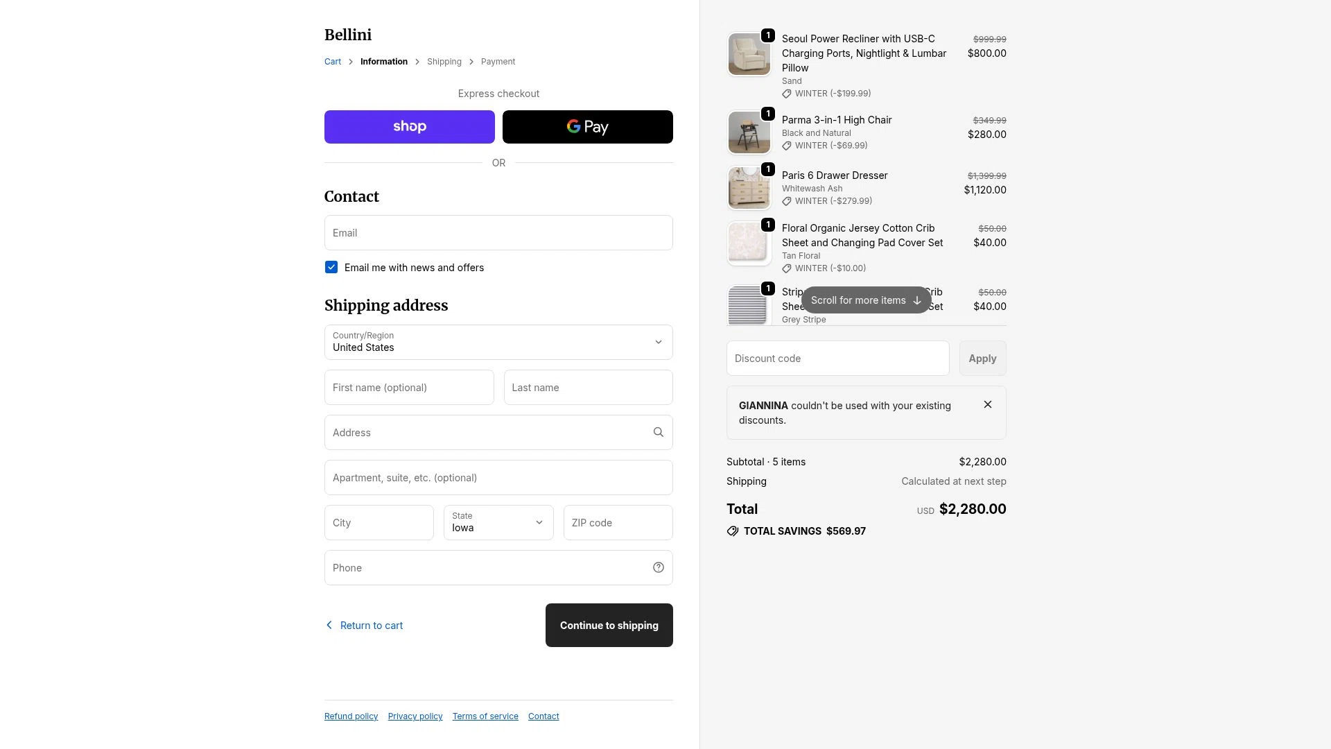 Bellini Furniture checkout page showing Bellini Furniture promo code box | Screenshot taken by SimplyCodes community member on Jan 3, 2026