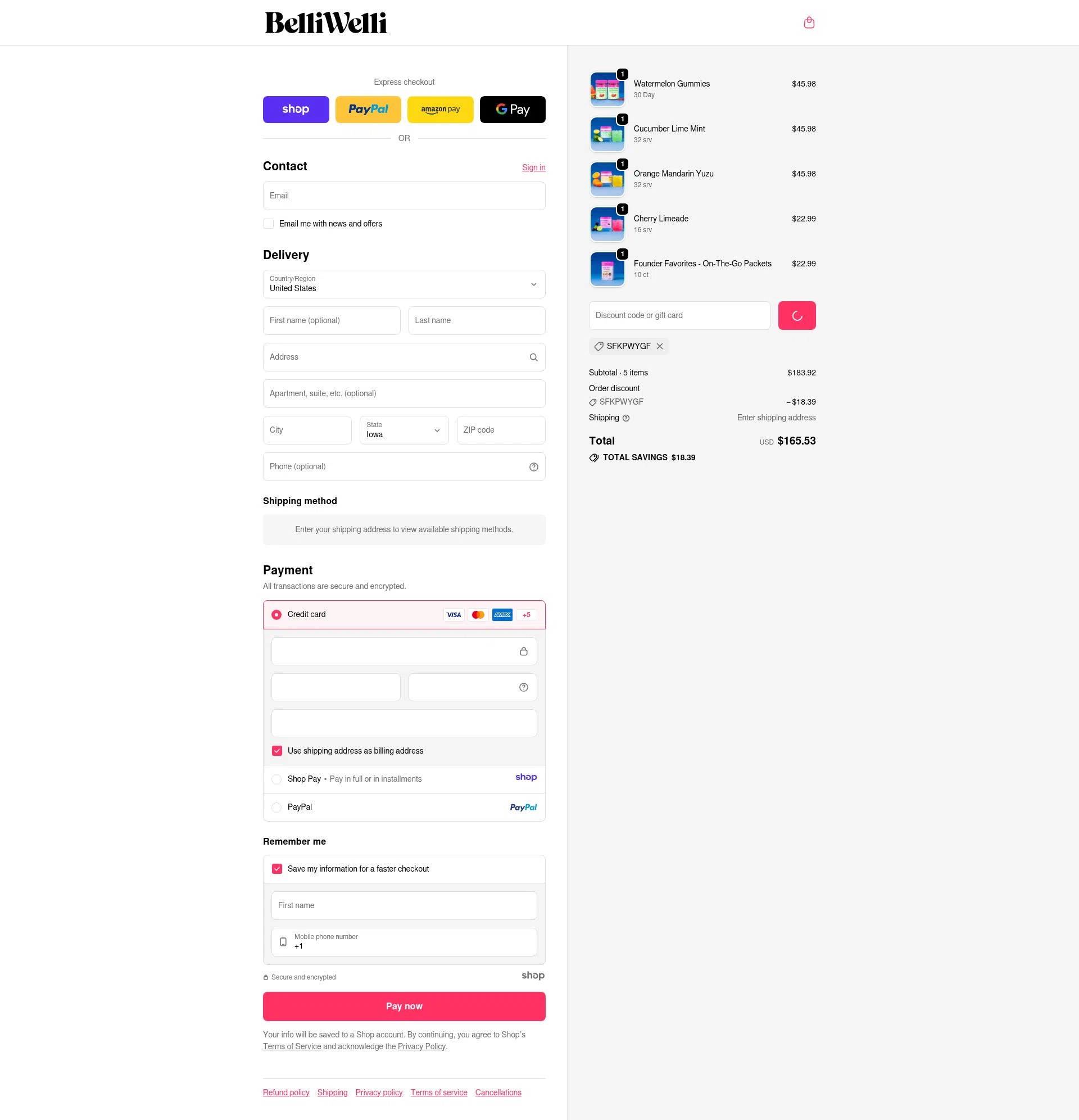 BelliWelli checkout page showing BelliWelli discount code box | Screenshot taken by SimplyCodes community member on Jan 2, 2026