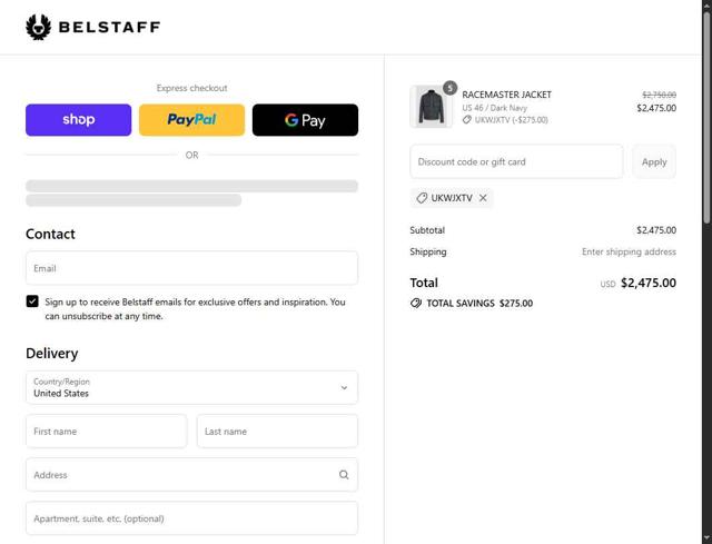 Belstaff checkout page showing Belstaff promo code box | Screenshot taken by SimplyCodes community member on Sep 12, 2025