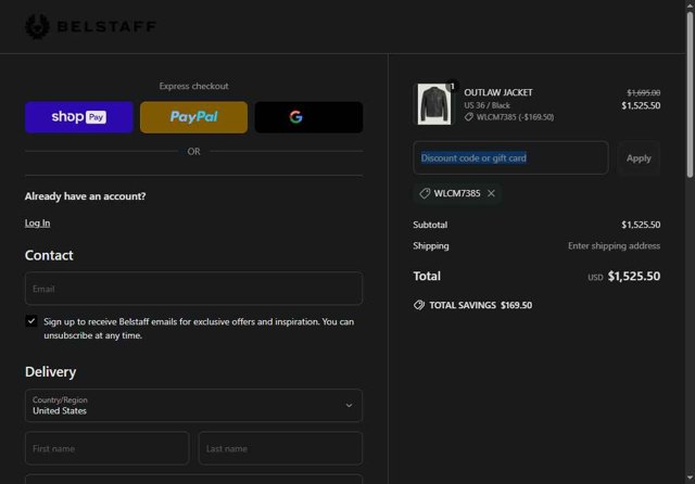 Belstaff checkout page showing Belstaff promo code box | Screenshot taken by SimplyCodes community member on May 17, 2025
