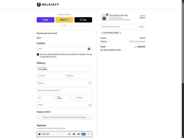 Belstaff checkout page showing Belstaff promo code box | Screenshot taken by SimplyCodes community member on Aug 29, 2025