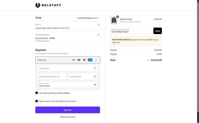 Belstaff checkout page showing Belstaff promo code box | Screenshot taken by SimplyCodes community member on Sep 5, 2025