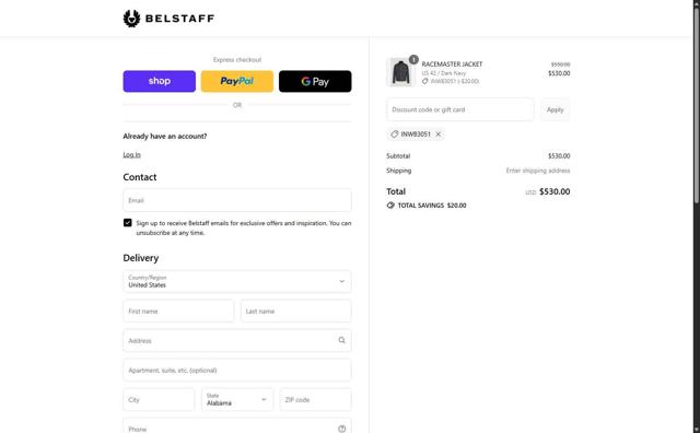 Belstaff checkout page showing Belstaff promo code box | Screenshot taken by SimplyCodes community member on Sep 12, 2025