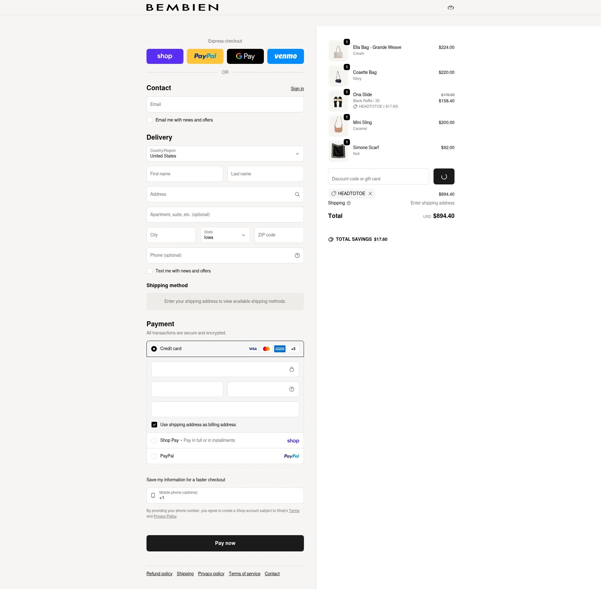 Bembien checkout page showing Bembien promo code box | Screenshot taken by SimplyCodes community member on Feb 1, 2026