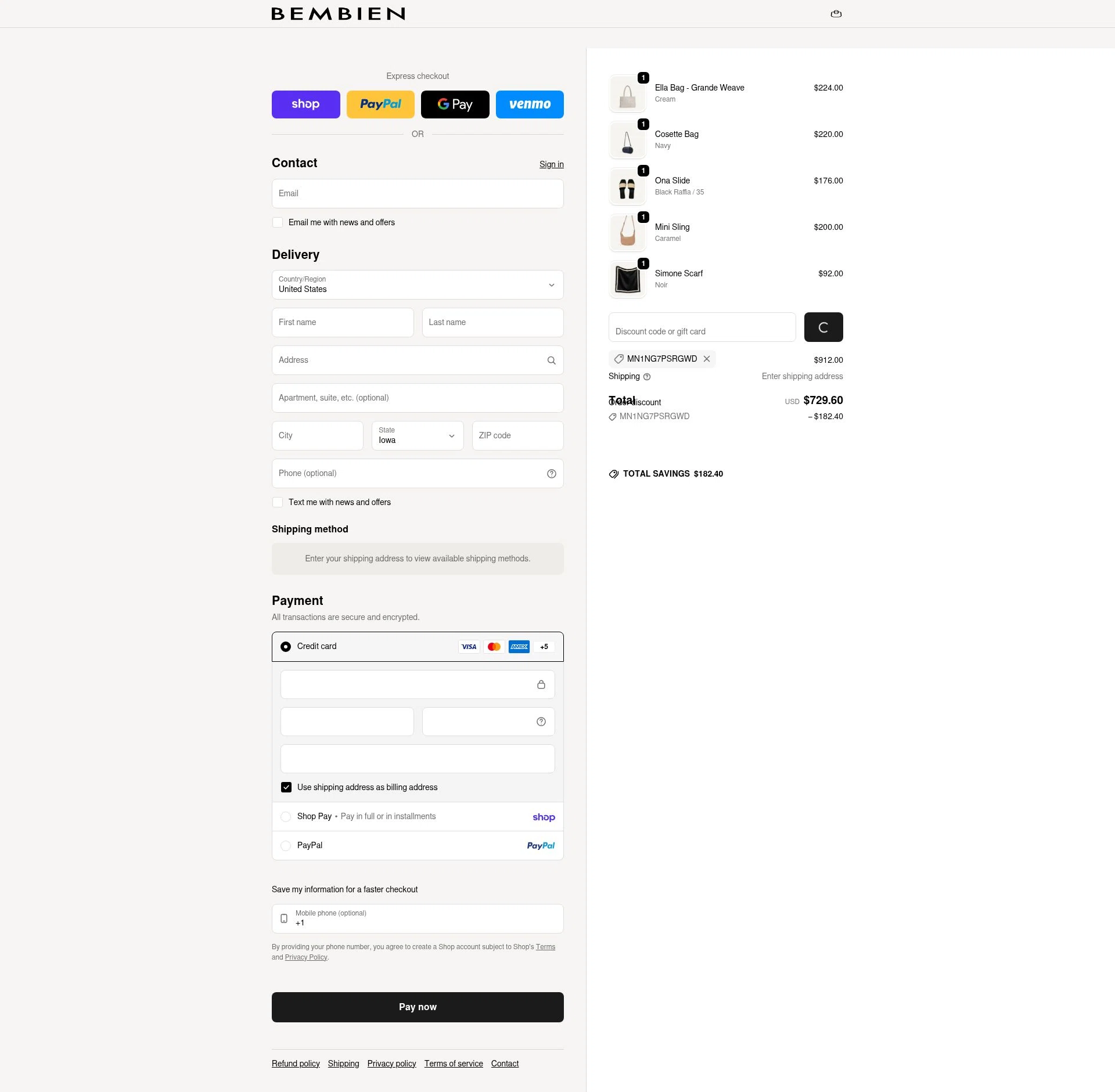 Bembien checkout page showing Bembien promo code box | Screenshot taken by SimplyCodes community member on Feb 1, 2026
