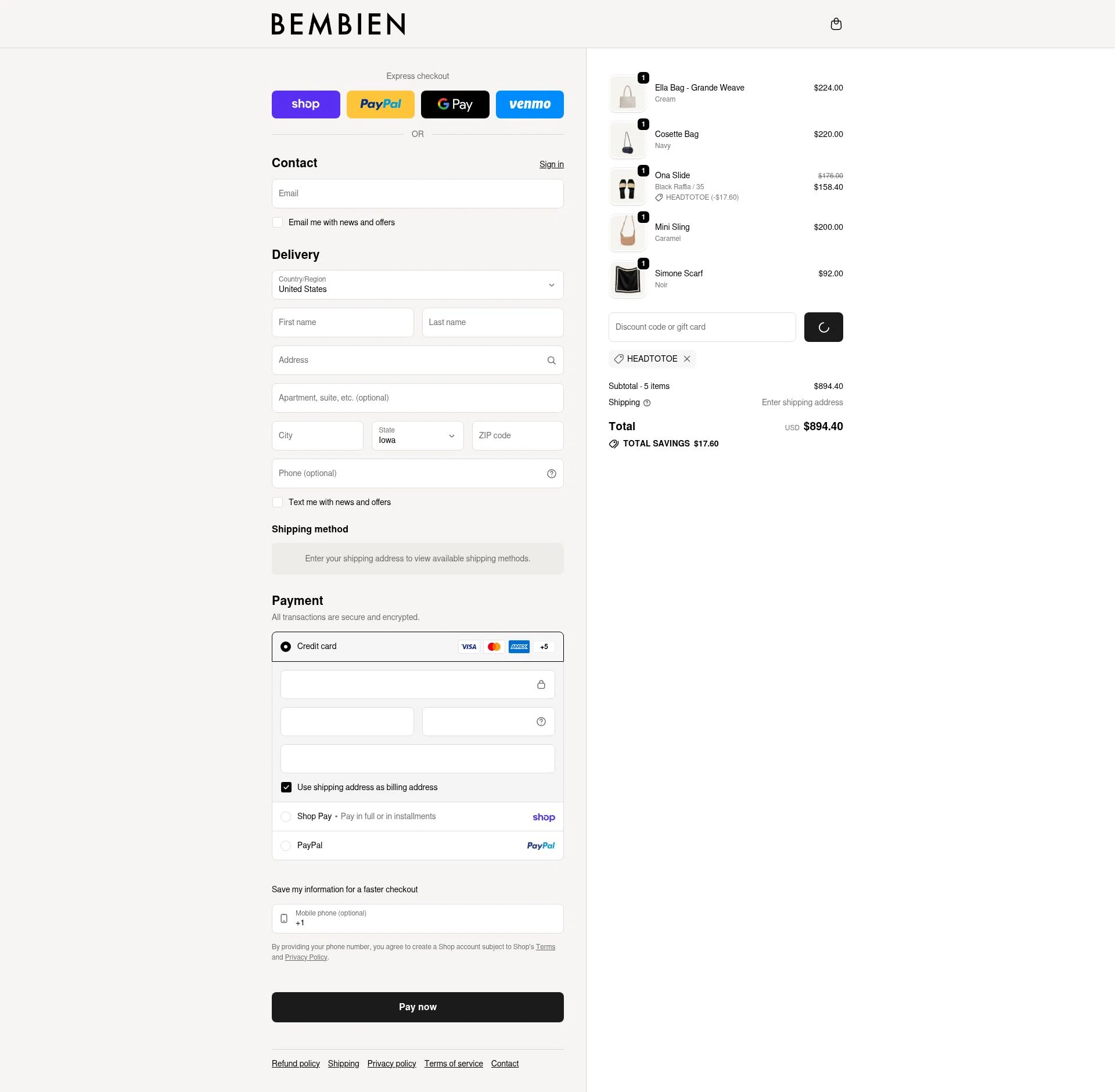 Bembien checkout page showing Bembien promo code box | Screenshot taken by SimplyCodes community member on Feb 5, 2026