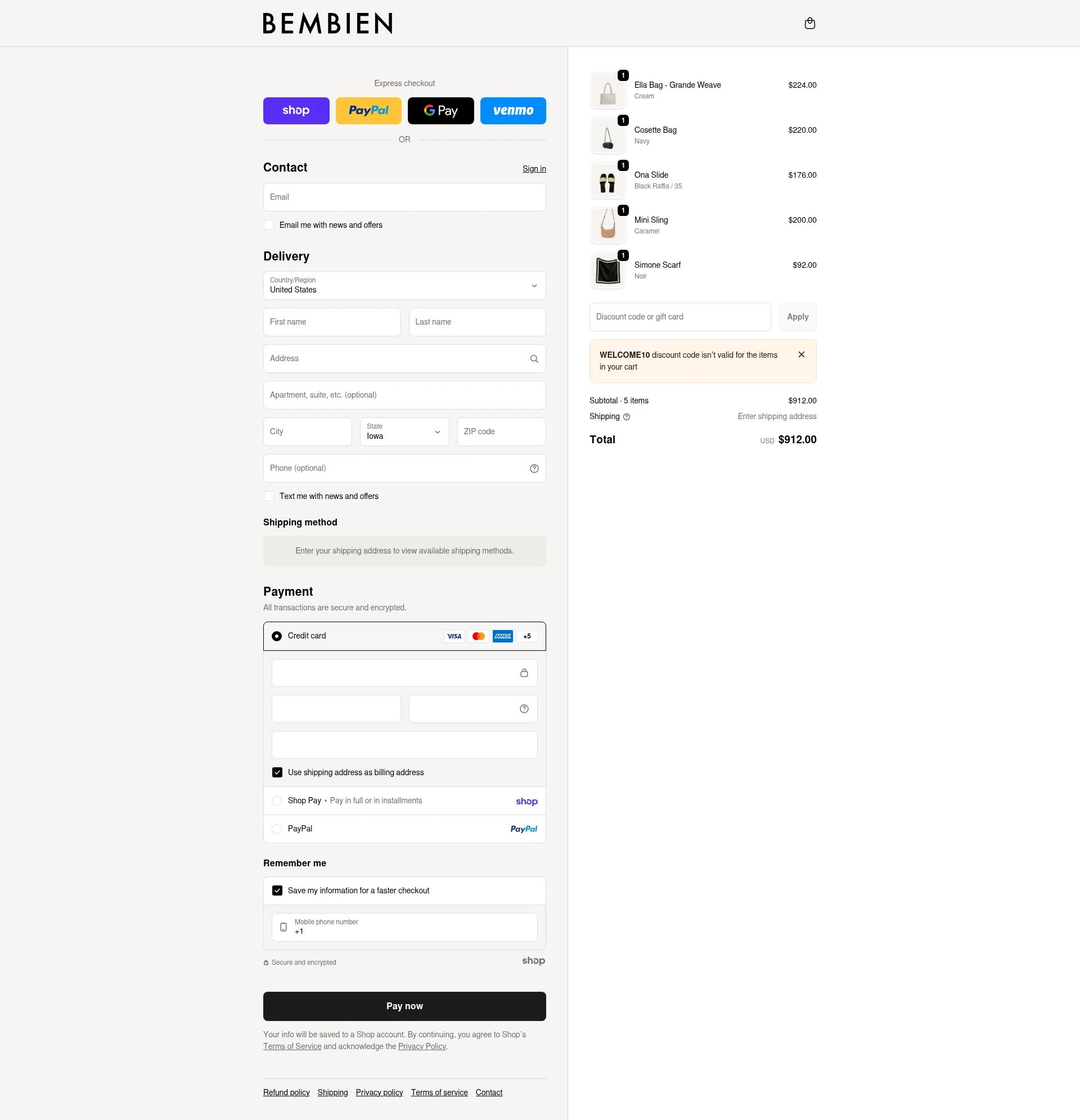 Bembien checkout page showing Bembien promo code box | Screenshot taken by SimplyCodes community member on Jan 23, 2026