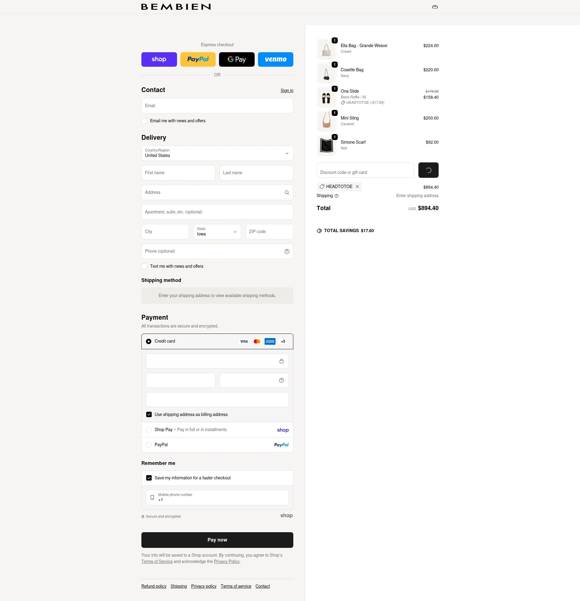 Bembien checkout page showing Bembien promo code box | Screenshot taken by SimplyCodes community member on Jan 23, 2026