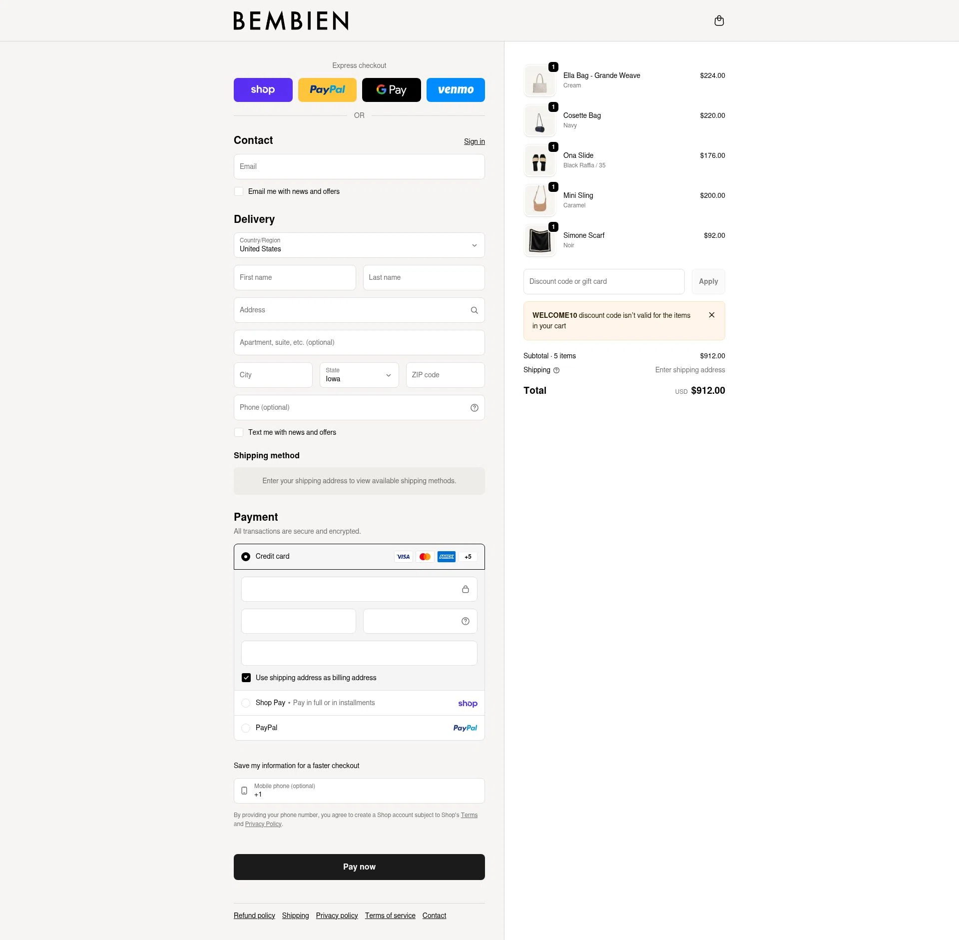 Bembien checkout page showing Bembien promo code box | Screenshot taken by SimplyCodes community member on Feb 5, 2026