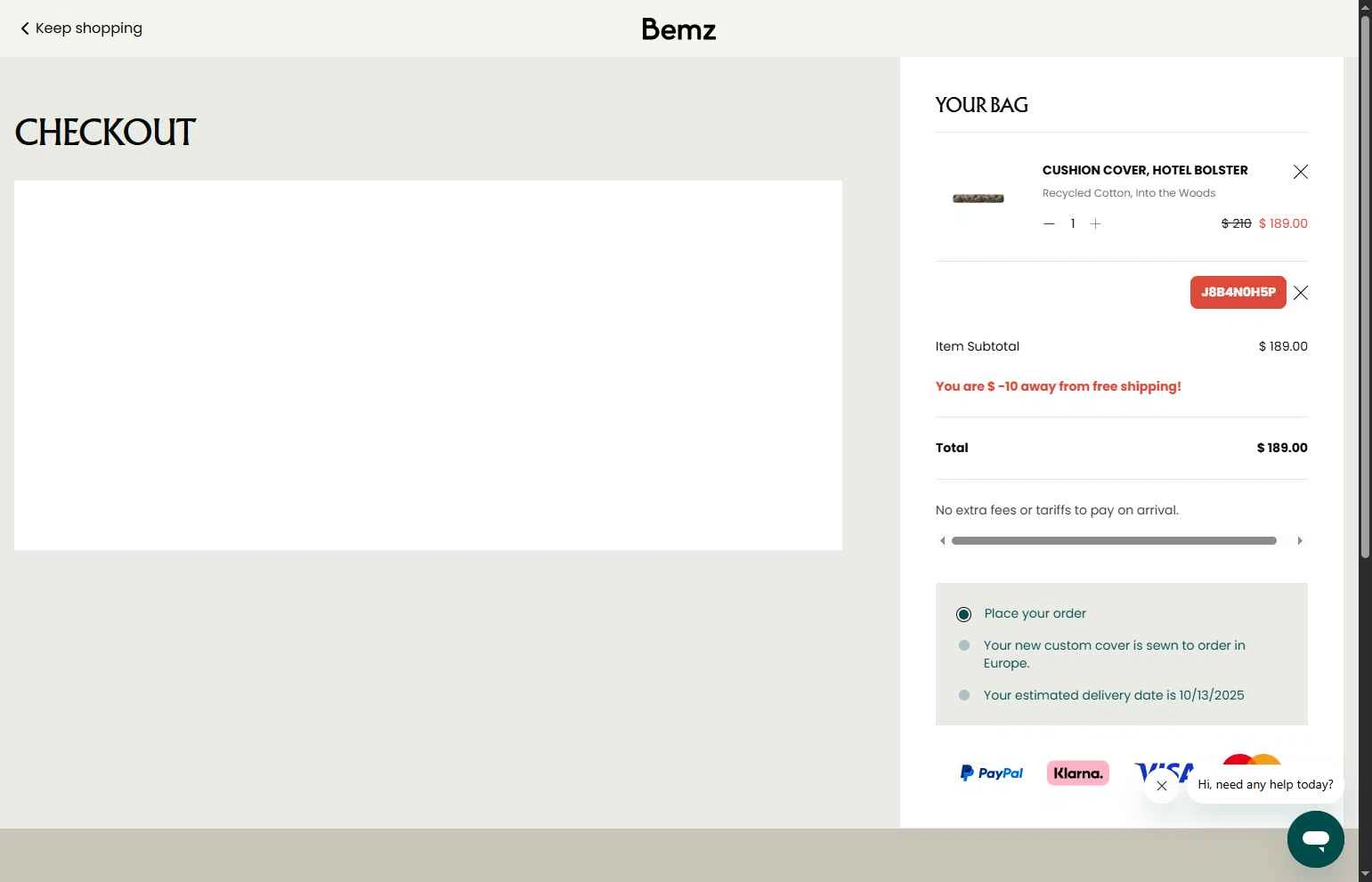 Bemz AU checkout page showing Bemz AU promo code box | Screenshot taken by SimplyCodes community member on Sep 15, 2025