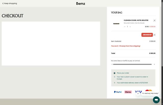 Bemz AU checkout page showing Bemz AU promo code box | Screenshot taken by SimplyCodes community member on Sep 15, 2025