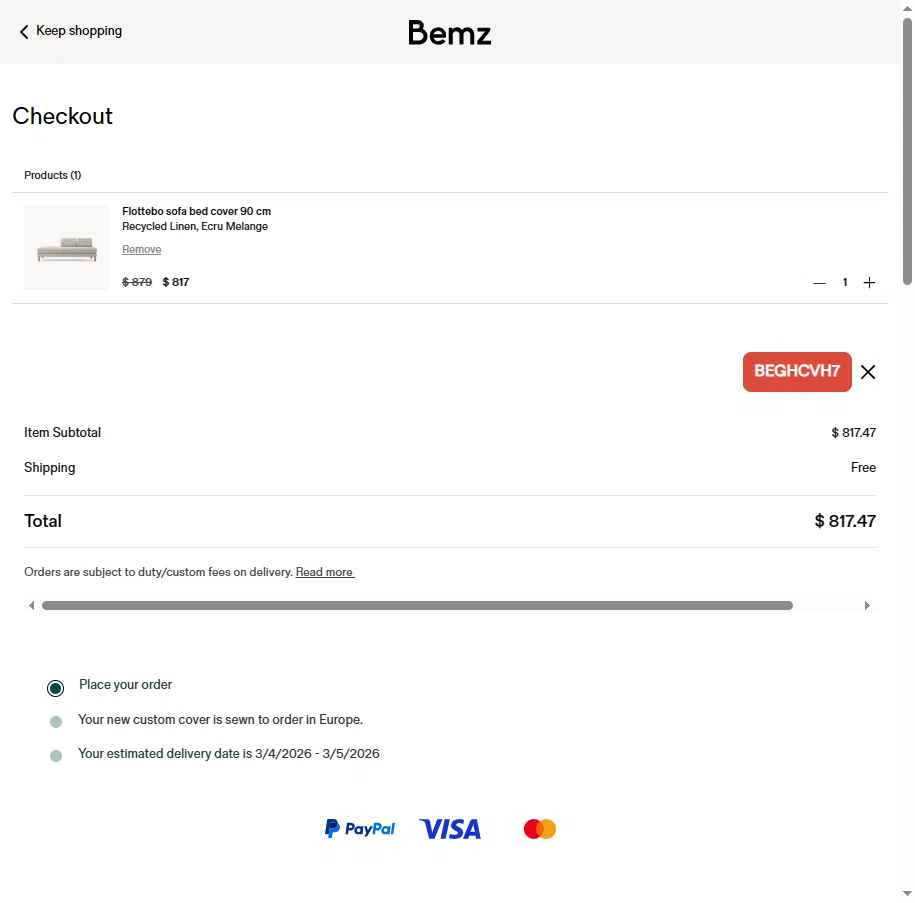 Bemz AU checkout page showing Bemz AU promo code box | Screenshot taken by SimplyCodes community member on Feb 11, 2026