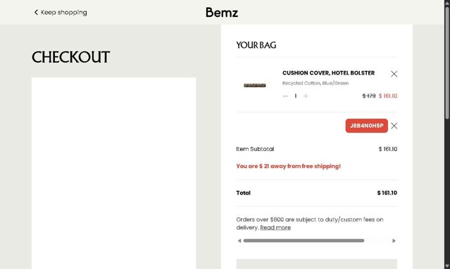 Bemz AU checkout page showing Bemz AU promo code box | Screenshot taken by SimplyCodes community member on Jul 19, 2025