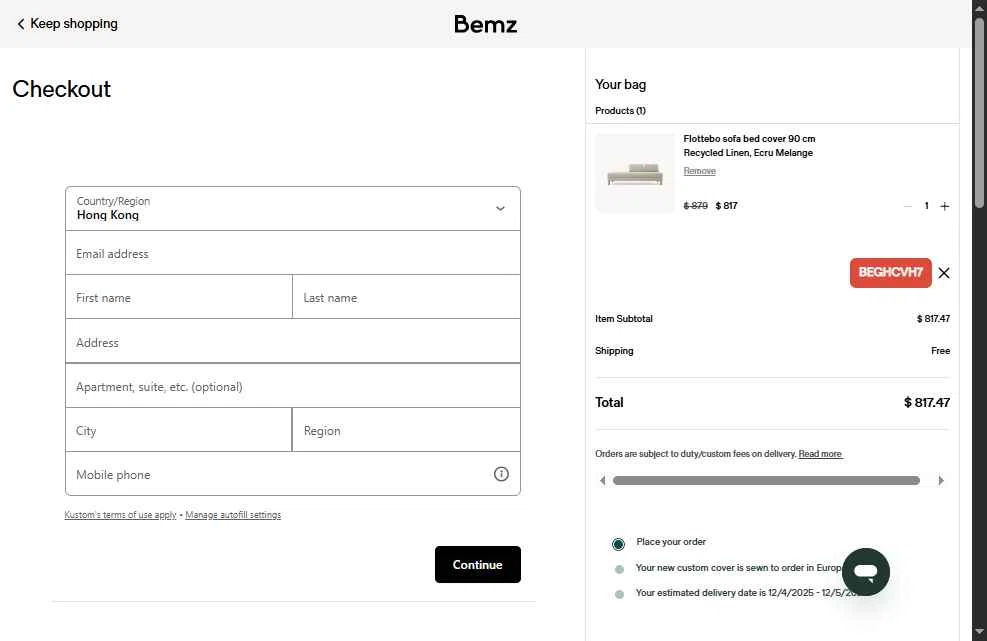 Bemz AU checkout page showing Bemz AU promo code box | Screenshot taken by SimplyCodes community member on Nov 16, 2025