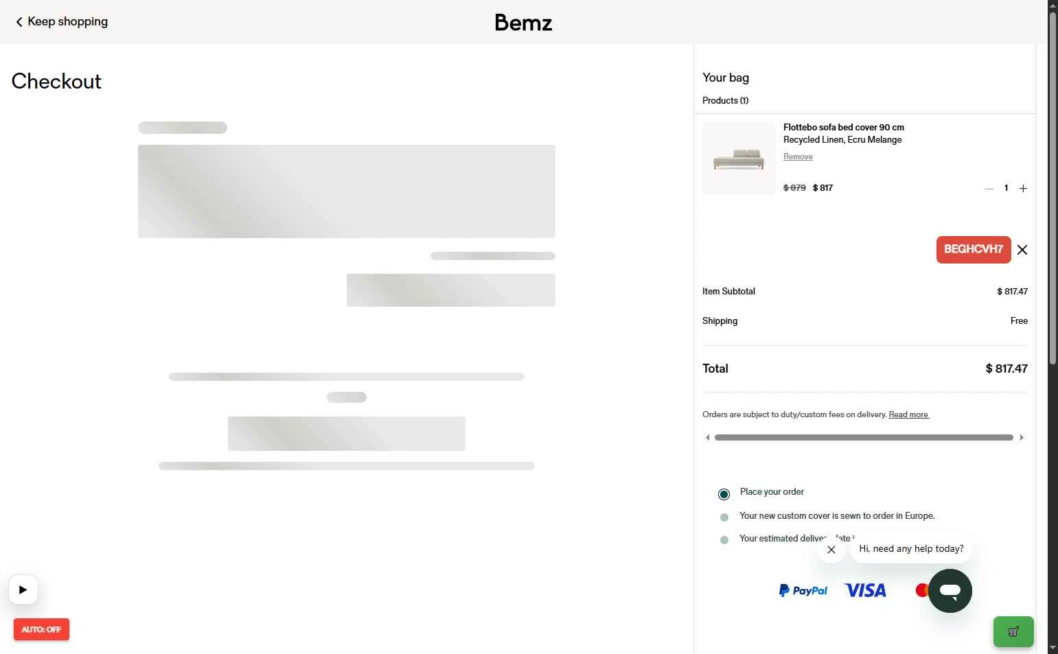 Bemz AU checkout page showing Bemz AU promo code box | Screenshot taken by SimplyCodes community member on Jan 13, 2026