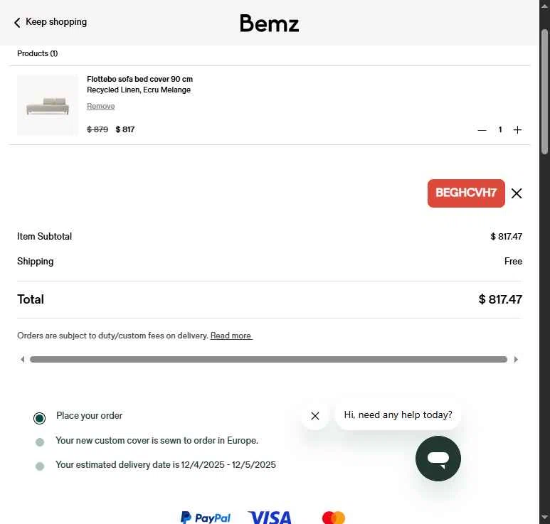 Bemz AU checkout page showing Bemz AU promo code box | Screenshot taken by SimplyCodes community member on Nov 16, 2025