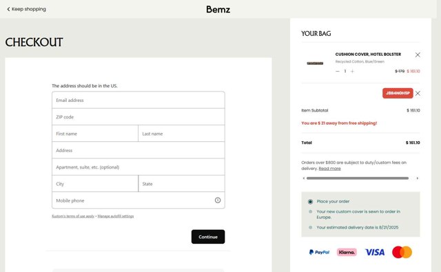 Bemz AU checkout page showing Bemz AU promo code box | Screenshot taken by SimplyCodes community member on Jul 19, 2025