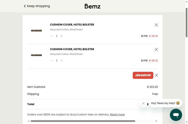 Bemz AU checkout page showing Bemz AU promo code box | Screenshot taken by SimplyCodes community member on Jul 19, 2025