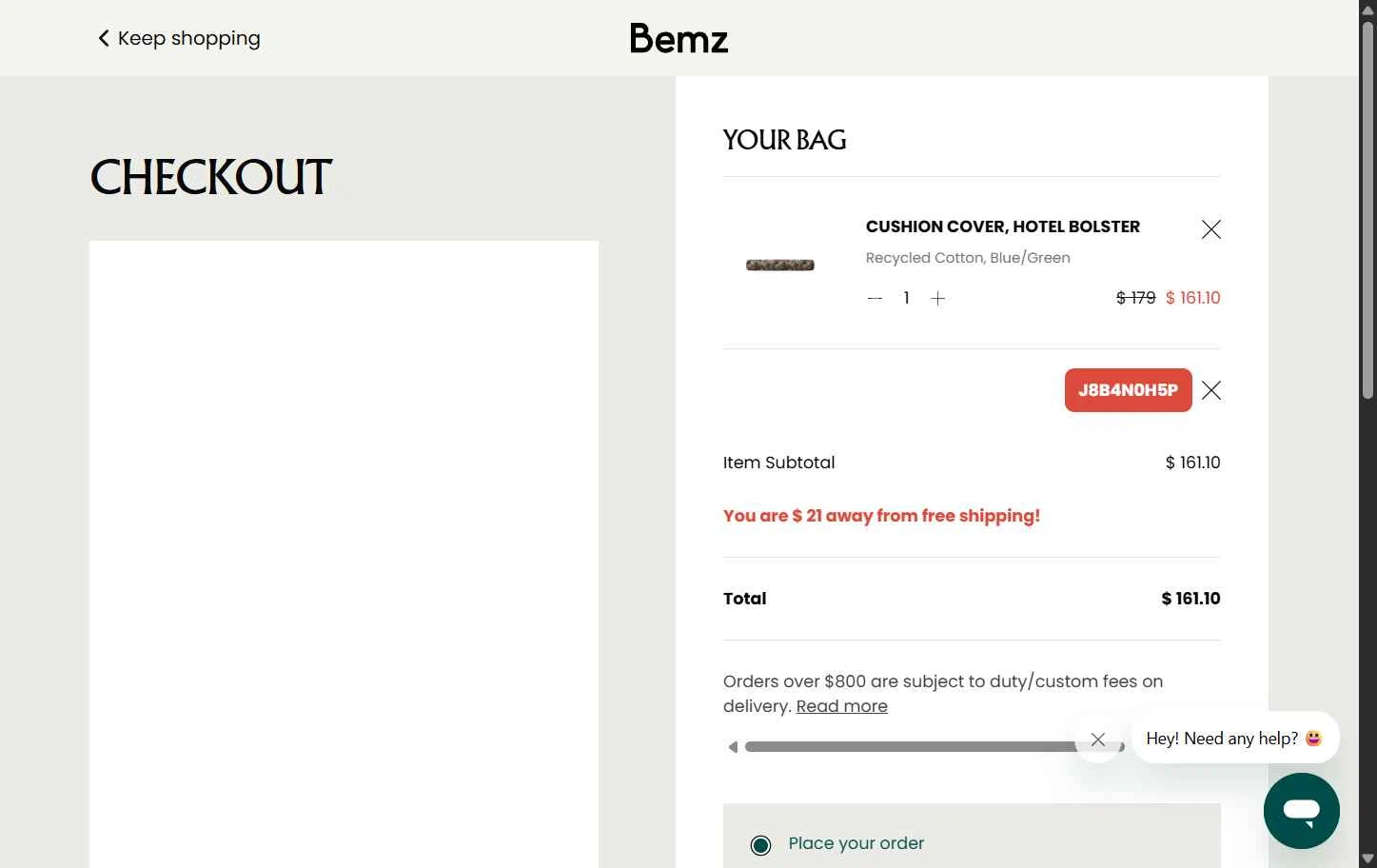 Bemz AU checkout page showing Bemz AU promo code box | Screenshot taken by SimplyCodes community member on Jul 19, 2025