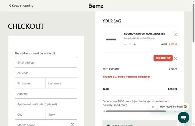 Bemz AU checkout page showing Bemz AU promo code box | Screenshot taken by SimplyCodes community member on Jul 19, 2025