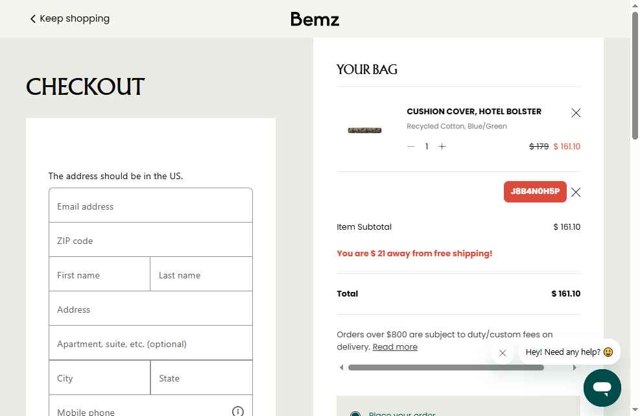Bemz AU checkout page showing Bemz AU promo code box | Screenshot taken by SimplyCodes community member on Jul 19, 2025