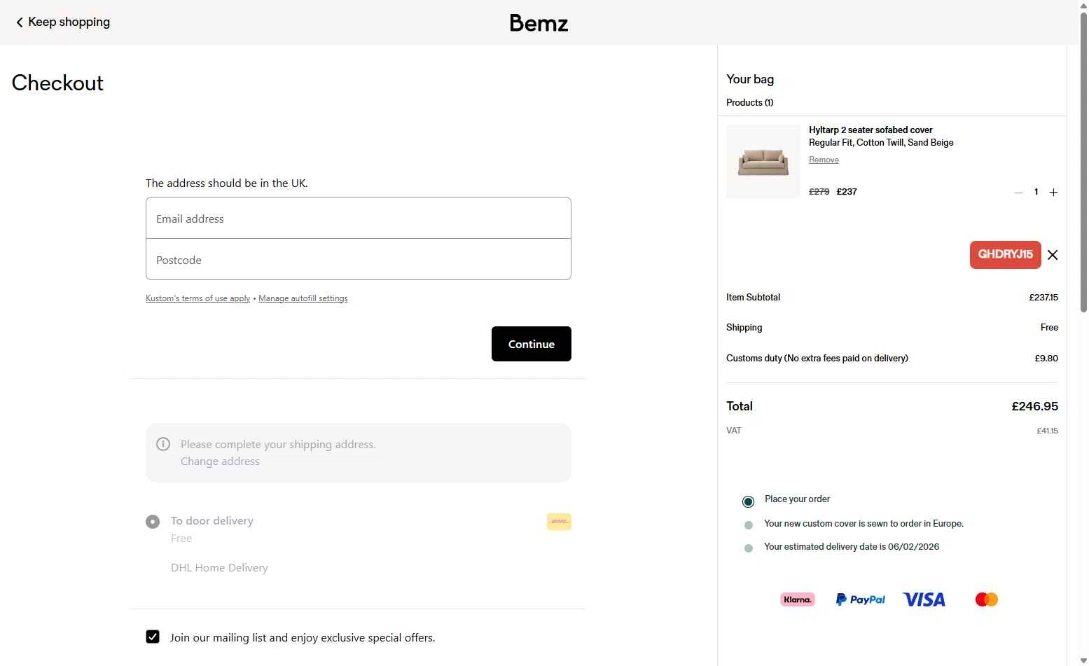 Bemz AU checkout page showing Bemz AU promo code box | Screenshot taken by SimplyCodes community member on Dec 21, 2025