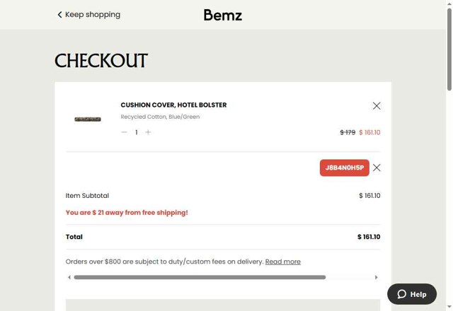 Bemz AU checkout page showing Bemz AU promo code box | Screenshot taken by SimplyCodes community member on May 22, 2025