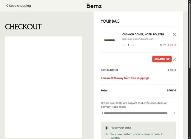 Bemz AU checkout page showing Bemz AU promo code box | Screenshot taken by SimplyCodes community member on May 22, 2025