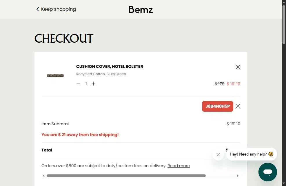 Bemz AU checkout page showing Bemz AU promo code box | Screenshot taken by SimplyCodes community member on Jul 19, 2025