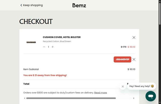 Bemz AU checkout page showing Bemz AU promo code box | Screenshot taken by SimplyCodes community member on Jul 19, 2025