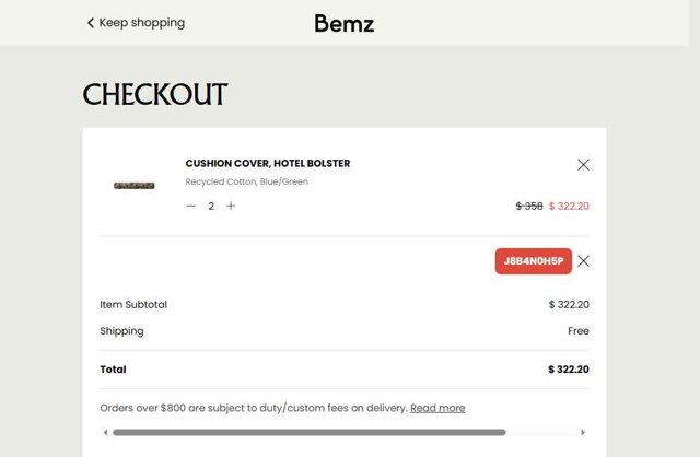 Bemz AU checkout page showing Bemz AU promo code box | Screenshot taken by SimplyCodes community member on Jul 19, 2025