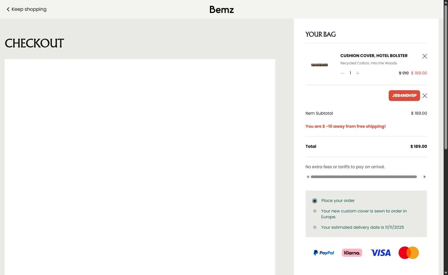 Bemz AU checkout page showing Bemz AU promo code box | Screenshot taken by SimplyCodes community member on Oct 15, 2025