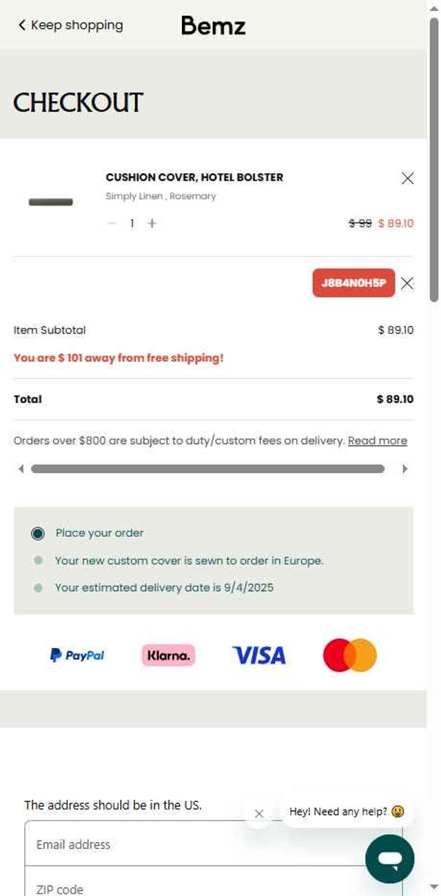 Bemz AU checkout page showing Bemz AU promo code box | Screenshot taken by SimplyCodes community member on Jul 19, 2025