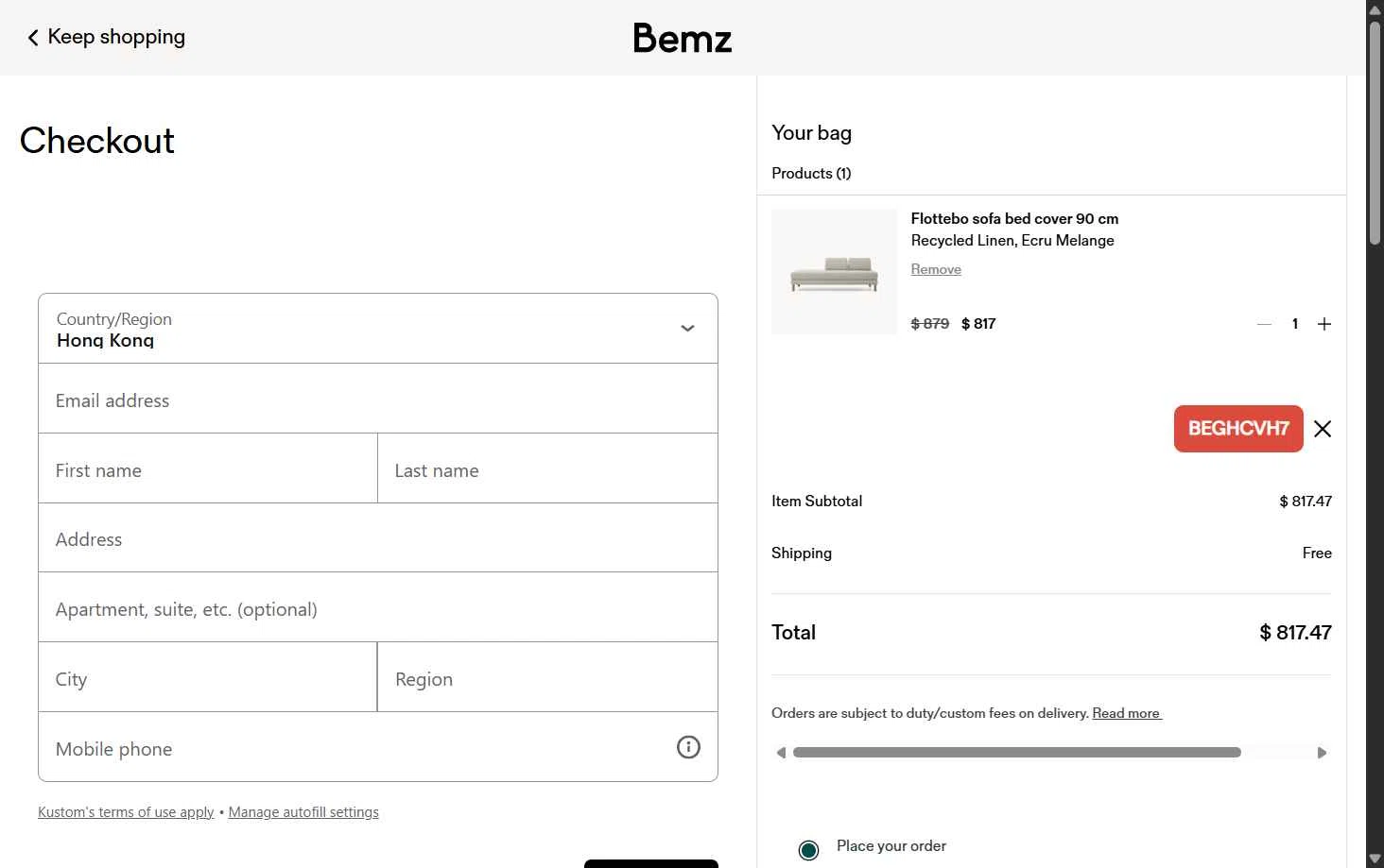 Bemz AU checkout page showing Bemz AU promo code box | Screenshot taken by SimplyCodes community member on Dec 15, 2025