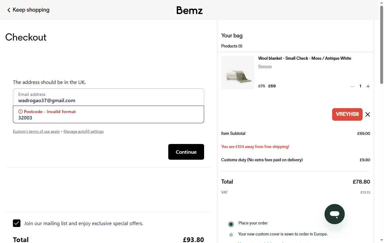 Bemz US checkout page showing Bemz US promo code box | Screenshot taken by SimplyCodes community member on Jan 21, 2026