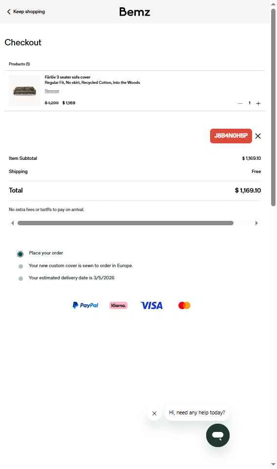 Bemz US checkout page showing Bemz US promo code box | Screenshot taken by SimplyCodes community member on Feb 12, 2026