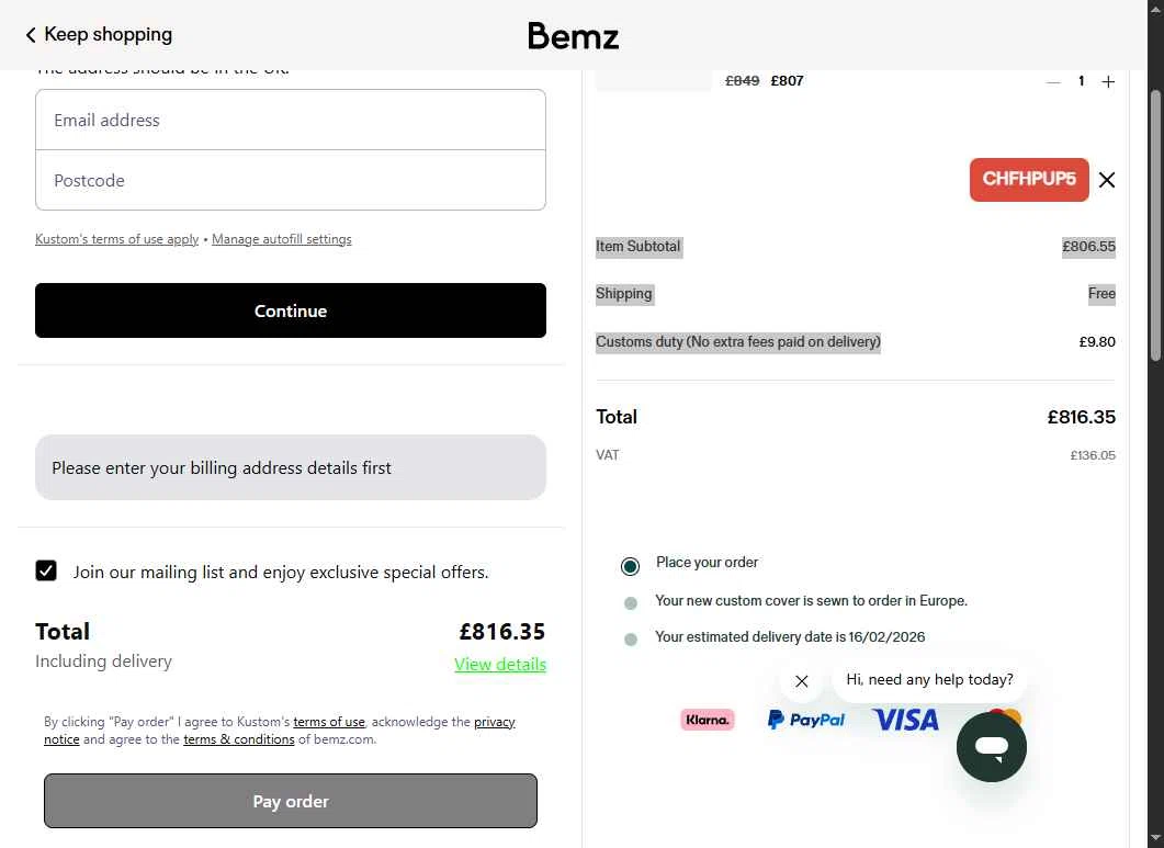 Bemz US checkout page showing Bemz US promo code box | Screenshot taken by SimplyCodes community member on Jan 18, 2026