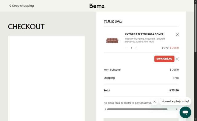 Bemz US checkout page showing Bemz US promo code box | Screenshot taken by SimplyCodes community member on Sep 22, 2025