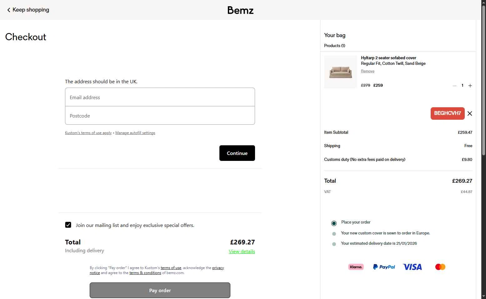 Bemz US checkout page showing Bemz US promo code box | Screenshot taken by SimplyCodes community member on Dec 3, 2025