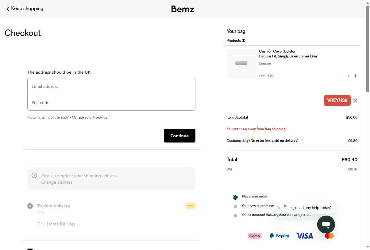 Bemz US checkout page showing Bemz US promo code box | Screenshot taken by SimplyCodes community member on Dec 19, 2025