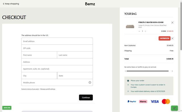 Bemz US checkout page showing Bemz US promo code box | Screenshot taken by SimplyCodes community member on Sep 5, 2025