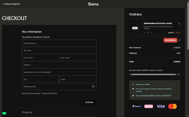 Bemz US checkout page showing Bemz US promo code box | Screenshot taken by SimplyCodes community member on Aug 19, 2025