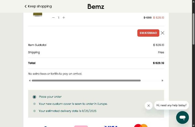 Bemz US checkout page showing Bemz US promo code box | Screenshot taken by SimplyCodes community member on Aug 30, 2025