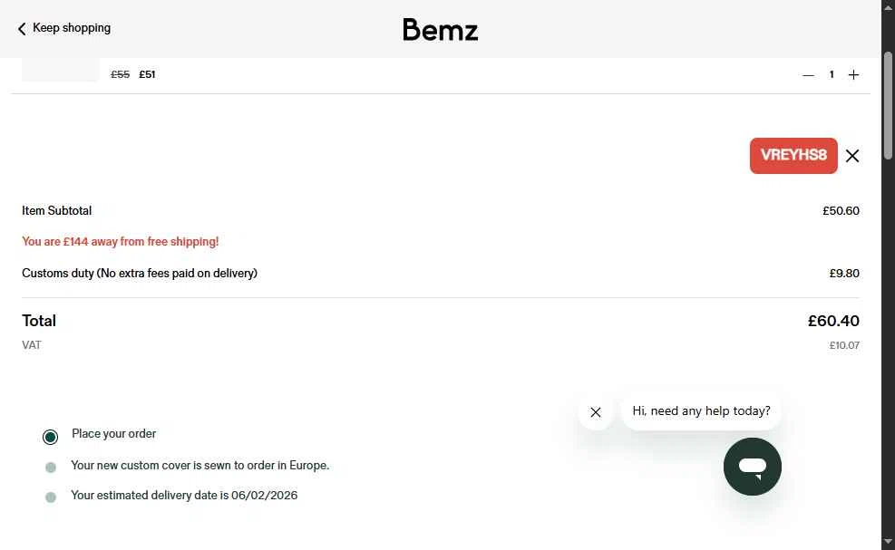 Bemz US checkout page showing Bemz US promo code box | Screenshot taken by SimplyCodes community member on Dec 19, 2025