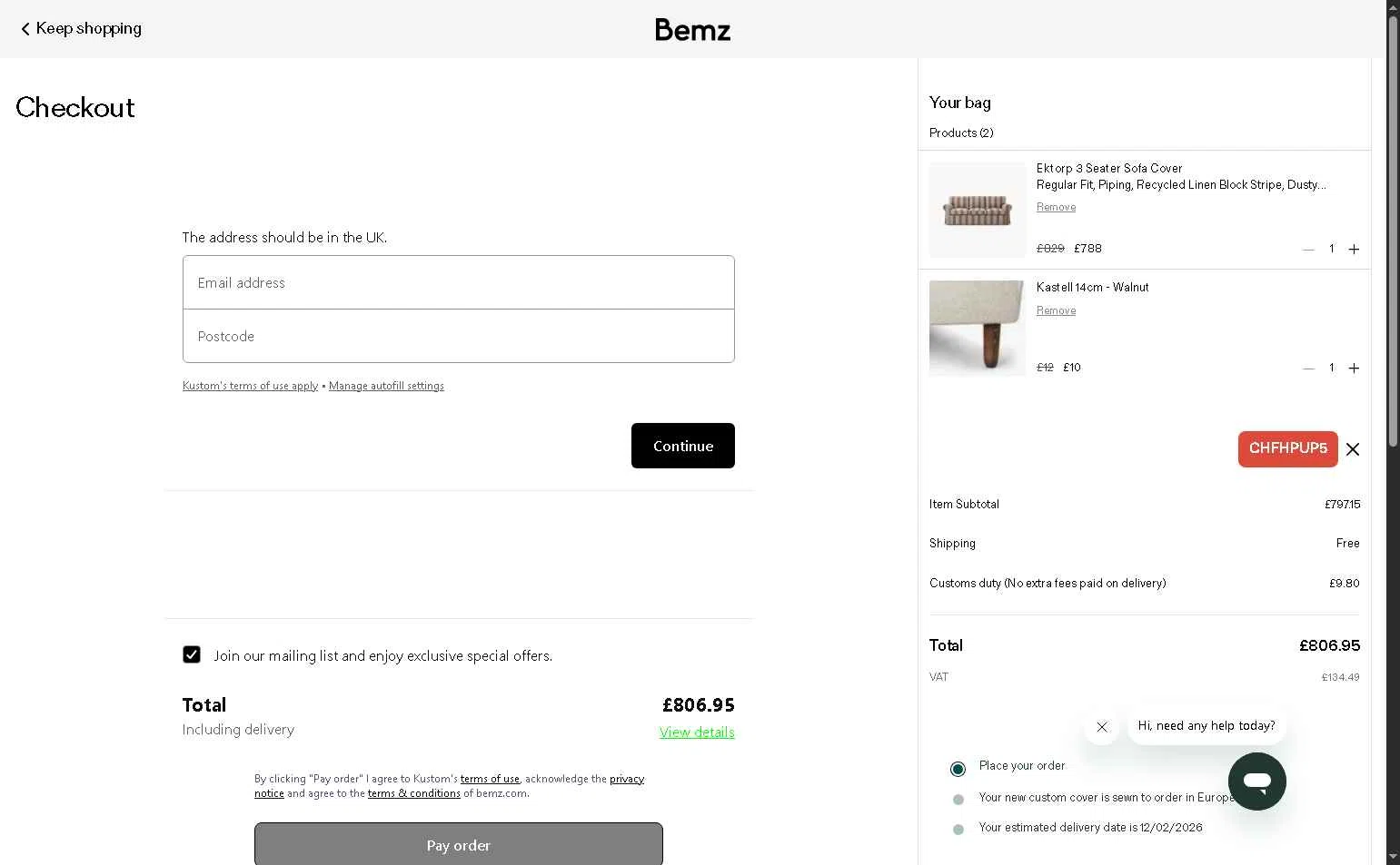 Bemz US checkout page showing Bemz US promo code box | Screenshot taken by SimplyCodes community member on Jan 7, 2026