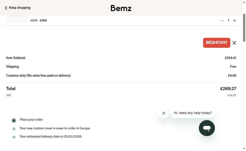 Bemz US checkout page showing Bemz US promo code box | Screenshot taken by SimplyCodes community member on Dec 14, 2025