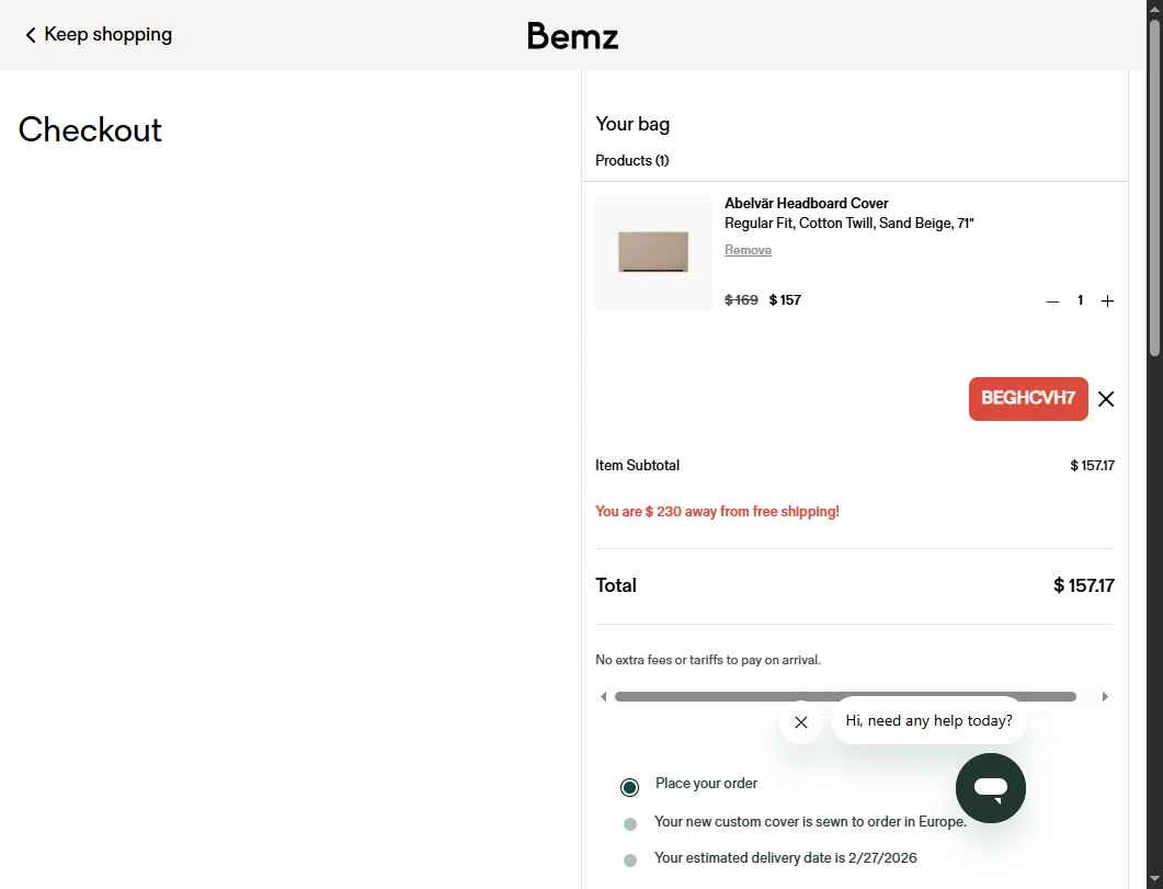 Bemz US checkout page showing Bemz US promo code box | Screenshot taken by SimplyCodes community member on Feb 7, 2026