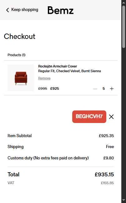 Bemz US checkout page showing Bemz US promo code box | Screenshot taken by SimplyCodes community member on Nov 22, 2025