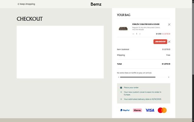 Bemz US checkout page showing Bemz US promo code box | Screenshot taken by SimplyCodes community member on Sep 21, 2025