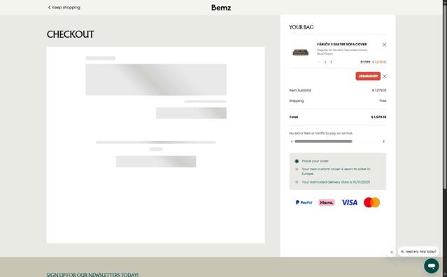 Bemz US checkout page showing Bemz US promo code box | Screenshot taken by SimplyCodes community member on Sep 10, 2025